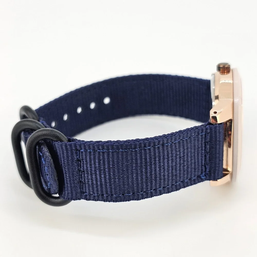 38MM Women's Analog Watch Gold Dial NEW Dark Blue Nylon Canvas Bands NEW Battery